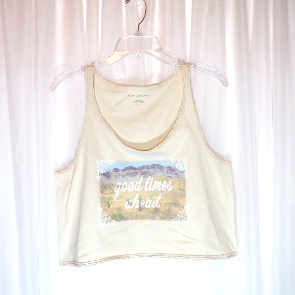 American Eagle Crop Tank Top Womens Medium Beige Graphic Good Times Ahead Tee